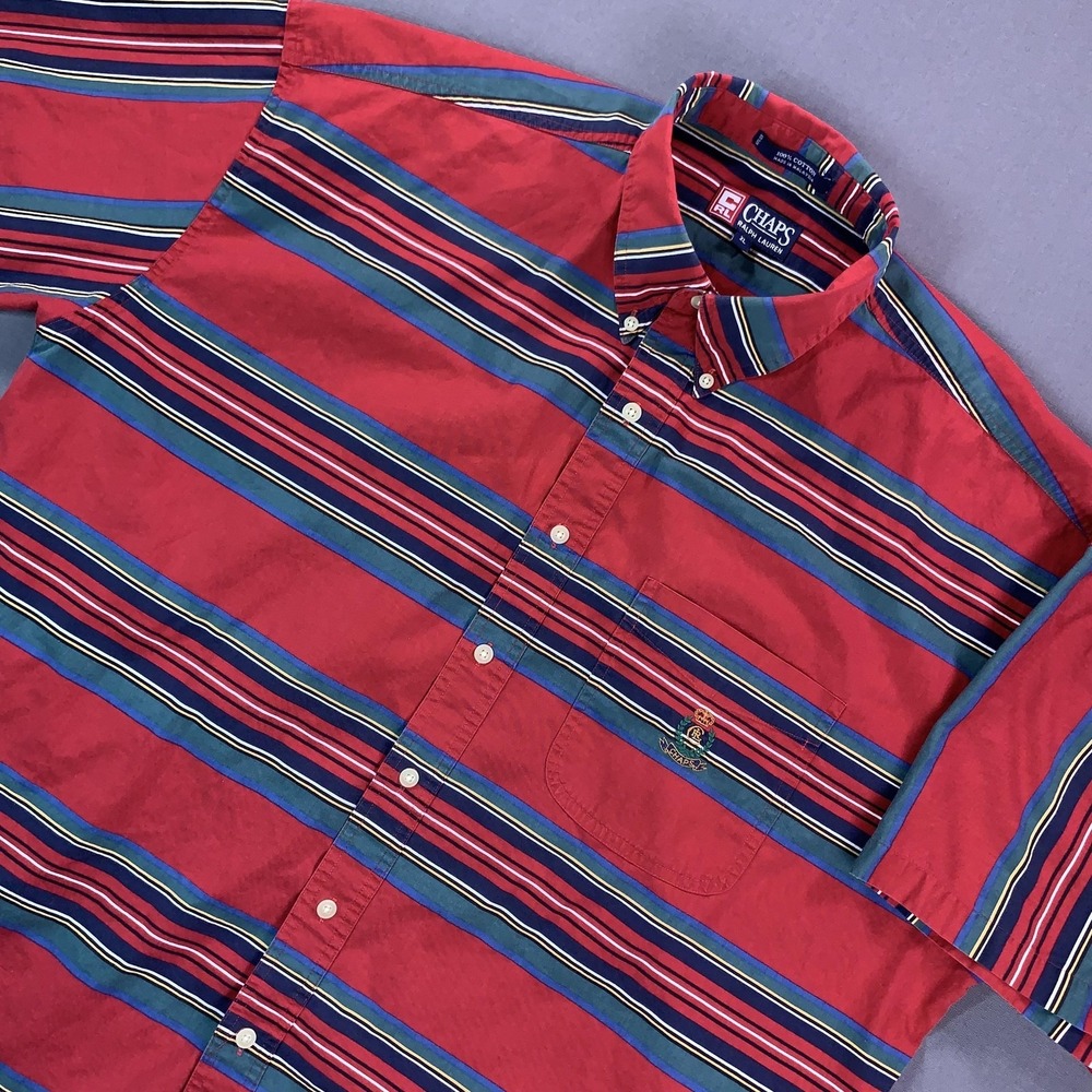 Chaps Ralph Lauren Shirt Mens XL Red Stripe Short Sleeve Button Down Logo Crest